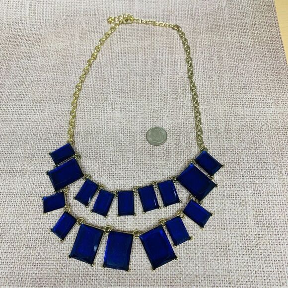 Gold Blue Glass Rectangular Crystals Layered Necklace - Picture 1 of 2